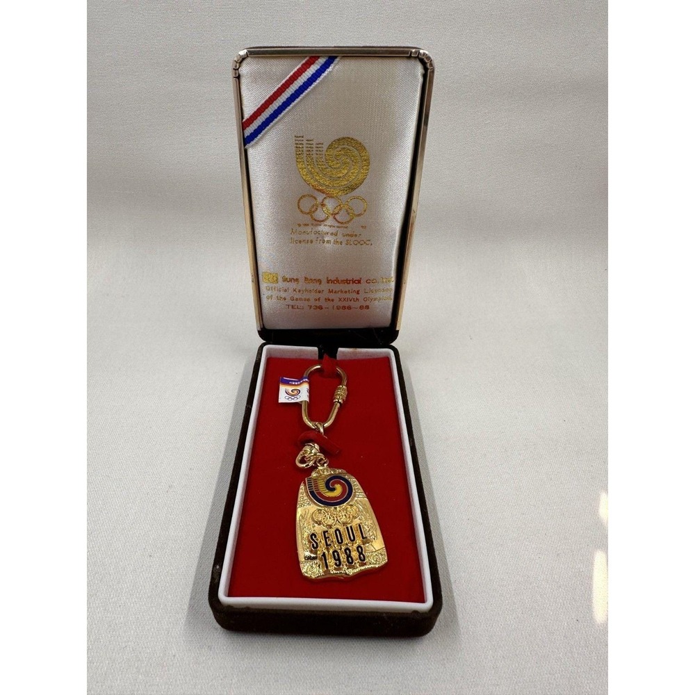 Official Seoul 1988 Olympic Games Gold Tone Keychain w/ Box SLOOC Licensed Korea